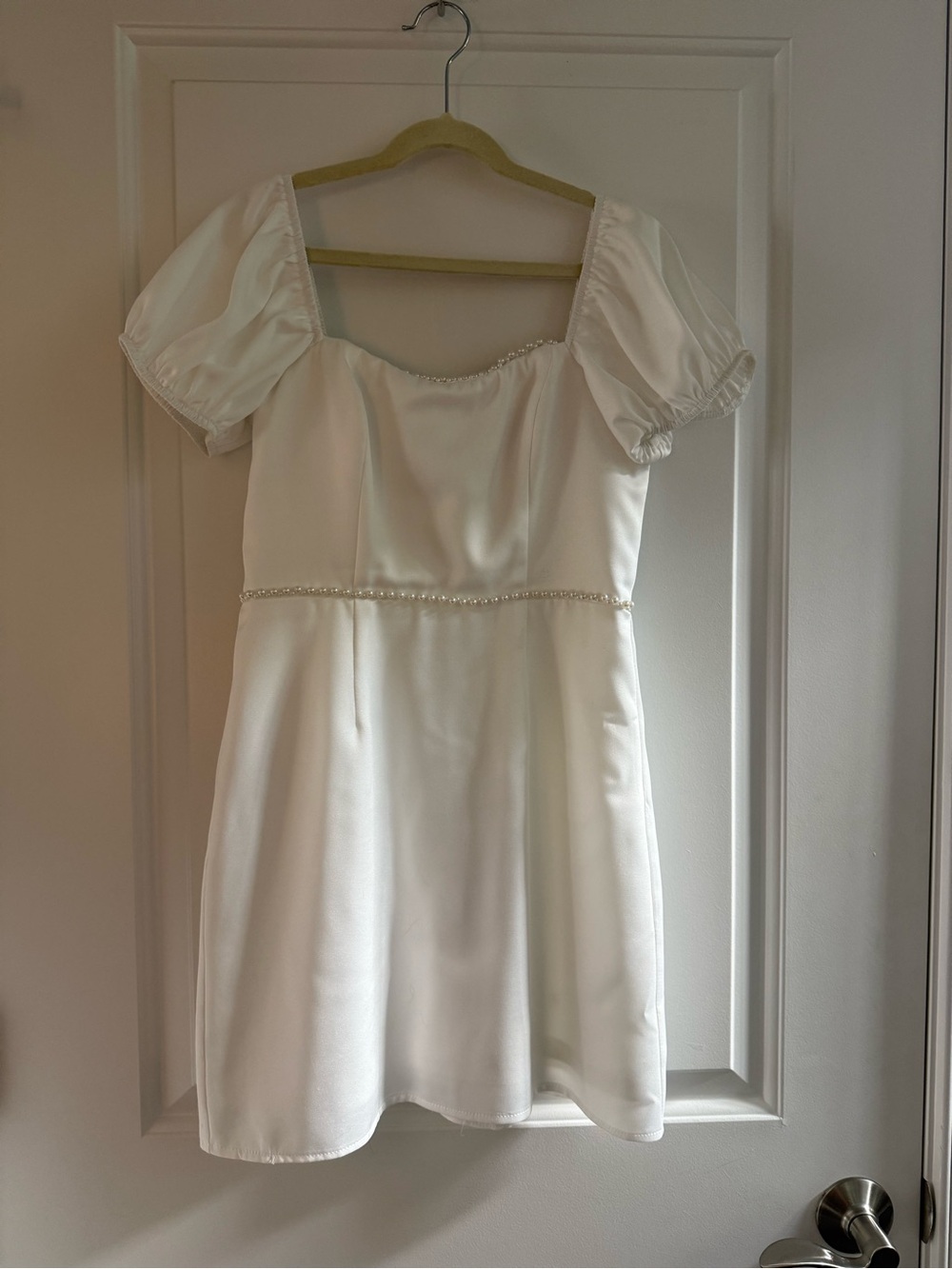 Lulu's White Puff-Sleeve Pearl-Trim Party Dress